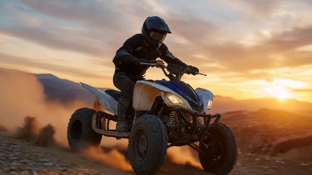 149Wide-angle view of quad bike rider kicking up dust on desert trail, sun setting in warm hues behind, highlighting freedom, adrenaline, and active motorsport lifestyle