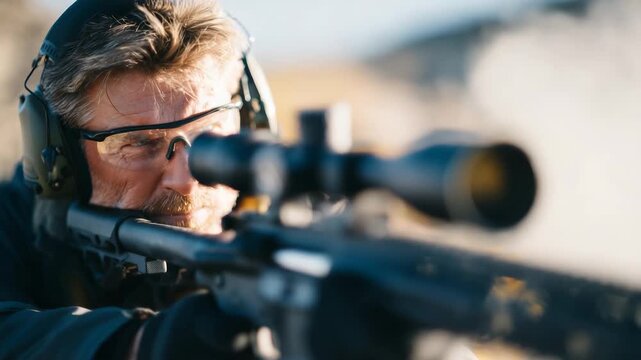 167Action shot of a shooter in mid-aim, rifle steady, glasses and earmuffs visible, bullseye in the background slightly blurred, emphasizing concentration and accuracy