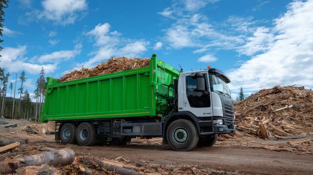 184Large green skip bin loaded with wood waste, dusty construction ground beneath, bright sky with scattered clouds above, emphasizing on-site collection and sustainability