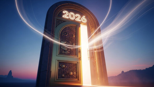 New Year 2026 door opening to bright future with light rays