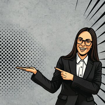 Professional woman in a suit gesturing toward a blank space, perfect for business presentations.