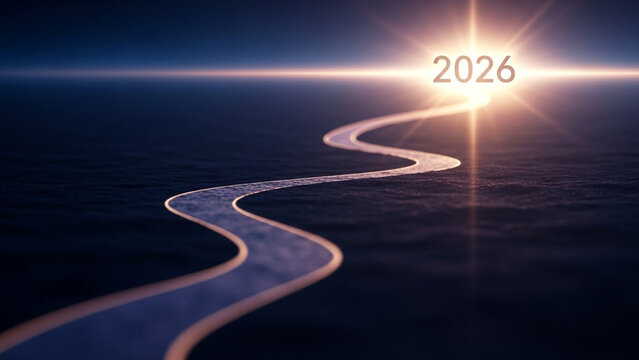 Winding road leading to bright 2026 horizon with glowing light