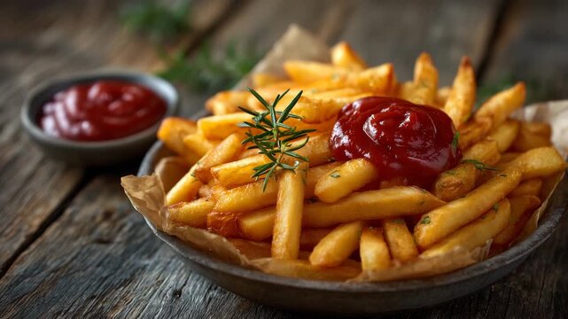 213Golden french fries served in paper-lined metal bowl, bright red ketchup and creamy mayo complementing golden tones, close-up highlighting texture, crunch, and snack appeal