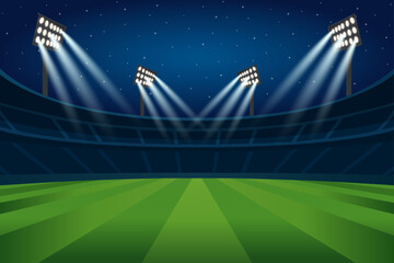 Night stadium with glowing floodlights and green field © Huq