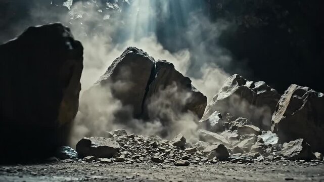 Dramatic rockfall explosion releasing dust and debris in a quarry environment