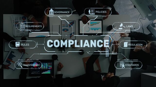 A professional meeting setup showcasing compliance concepts, highlighting governance, regulations, and rules, with data visualizations and collaborative teamwork elements. Raster