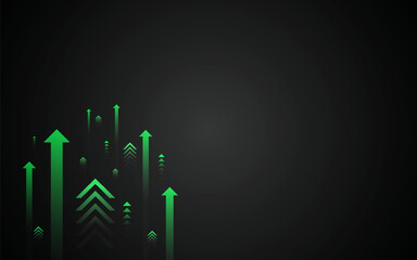 Futuristic financial charts show improving performance, with slender arrows pointing backwards to indicate strong upward movement.