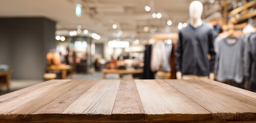 Wooden table in fashion store with blurred background of clothing displays