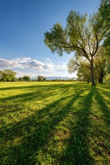 Obraz premium Sunny afternoon in a serene park with green grass and trees casting long shadows