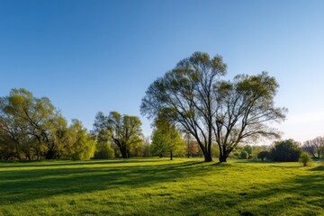 Fototapeta premium Verdant spring landscape with tall trees and clear blue sky