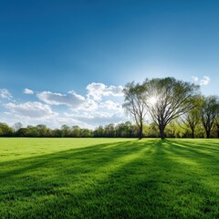 Obraz premium Sunlit green meadow with majestic tree and blue sky
