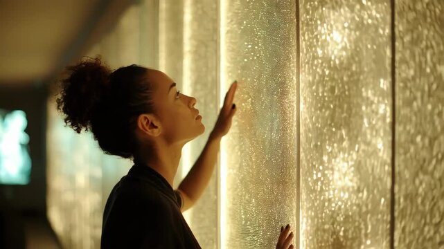 Medium shot of a professional arranging textured panels and soft lighting in a sensory room to enhance calming effects for autism therapy.