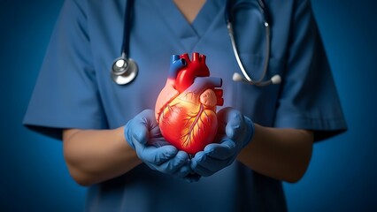 Medical Doctor Demonstrating 3D Heart Anatomy Model with Stethoscope for Cardiology Education & Healthcare Visuals