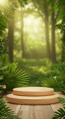 Obraz premium Wooden Two-Tier Display in Bright Sunlit Forest with Green Tropical Foliage.