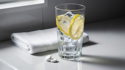 Refreshing glass of lemon water with ice and pills on countertop for National Hangover Day