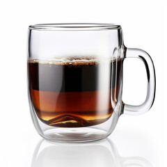 Modern double walled glass coffee mug with black espresso isolated on white