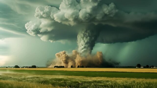 Dramatic tornado swirl morphs into expansive dust cloud over rural landscape