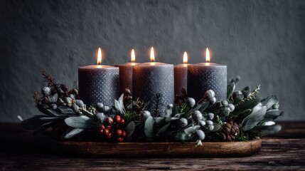 Four candles are lit on a wooden tray surrounded by greenery and berries. The scene is set for evening ambiance showcasing a cozy atmosphere.