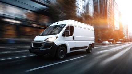 A white delivery van moves swiftly along a city street. Tall buildings and bright lights create a lively backdrop as the sun sets. The scene shows urban life in motion.