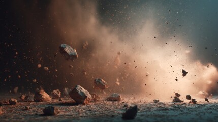 Particles and small rocks are scattered in the air as dust clouds develop after an event in a research setting. Light illumination adds detail to the scene of disruption and chaos.