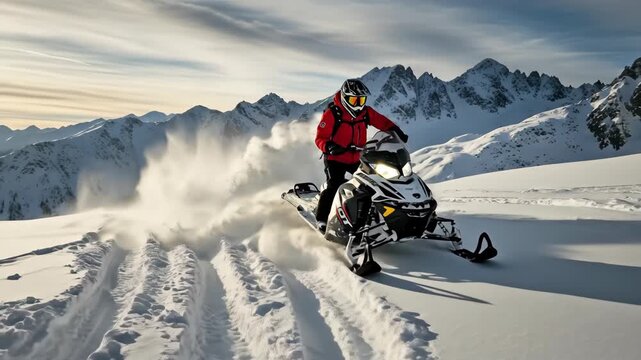 Dynamic snowmobile adventure in pristine mountain landscape capturing thrilling highspeed turns