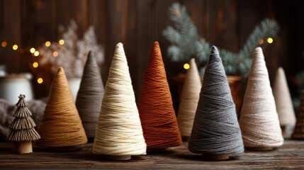 A collection of yarn cones shaped like trees arranged on a wooden table. The setting features soft lights and natural elements creating a warm atmosphere for crafting.