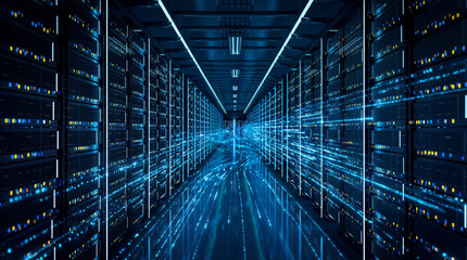Modern data center facility showcasing advanced digital infrastructure for cloud computing, data storage, and network security. Represents high-performance technology, big data processing, artificial 