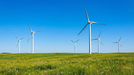 Offshore wind turbines standing in the open sea, generating clean and renewable energy. Aerial view highlighting sustainable power production, modern energy infrastructure, environmentally friendly
