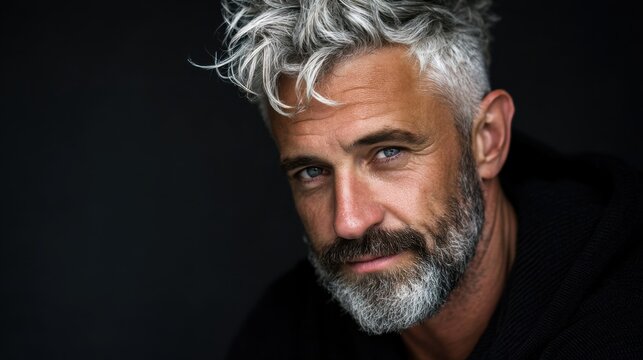 A man with curly gray hair and a full beard is looking towards the camera. He appears confident and relaxed in a dimly lit background.