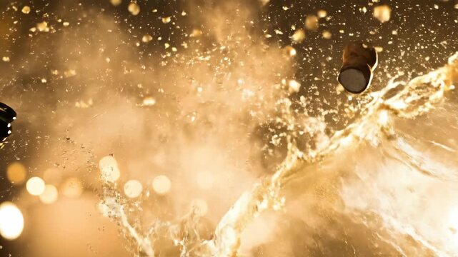Champagne bottle popping celebration with bubbling overflow and golden bokeh