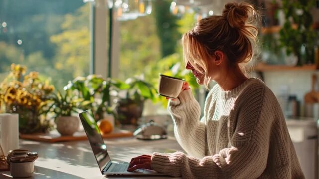Woman working remotely with laptop and coffee in cozy home office