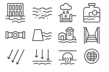 Urban Hydrology Icons. Line style icons of urban hydrology: storm drain, river, pollution, treatment; water pipe, reservoir,