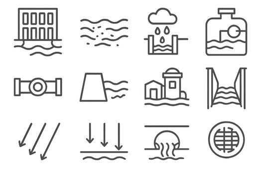 Urban Hydrology Icons. Line style icons of urban hydrology: storm drain, river, pollution, treatment; water pipe, reservoir,