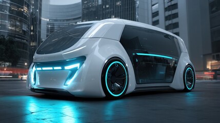 A futuristic vehicle is parked on a city street surrounded by tall buildings. The vehicle has a sleek design with glowing blue lines. It is evening time and lights from the city reflect on the car.