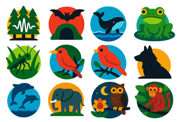 Vibrant Acoustic Ecology Icons. Flat vector icons of Acoustic Ecology: sound wave in forest, bat over cave, whale in ocean, frog