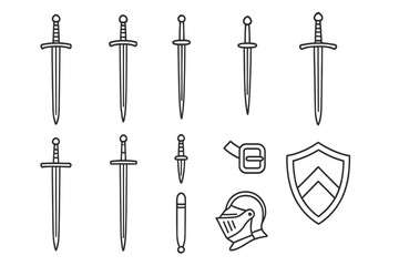 Knightly Weapons Icons. Line style icons of knightly weapons: arming sword, dirk, rondel dagger, claymore; zweihander, estoc,