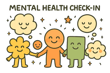 Cheerful Mental Check-In. Cheerful doodle mental health check-in with friendly characters holding hands, smiling thought bubbles,