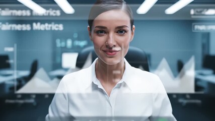 Professional woman interacts with advanced digital interface displaying fairness metrics, showcasing data analysis and decision-making in a modern office environment with sleek technology - Powered by Adobe