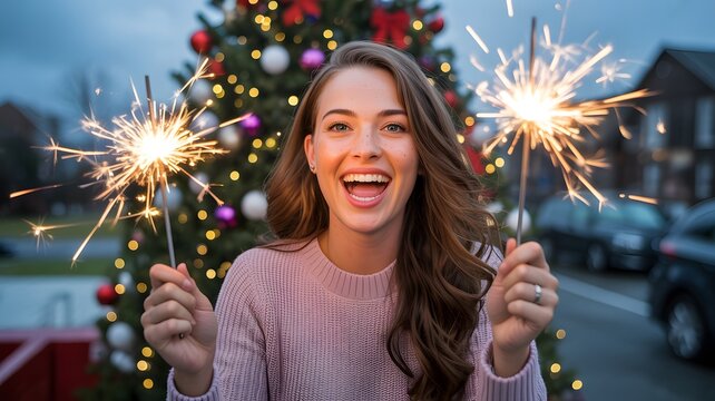 Happy young woman holding sparklers in front of decorated Christmas tree in warm festive lighting for holiday greeting card
