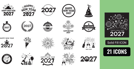 New Year 2027 celebration icons and logos set