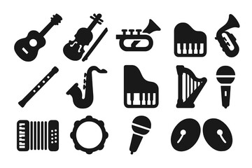 Obraz premium Music Instrument Icons. Solid style icons of Music instruments: guitar, violin, drum, trumpet, flute, saxophone, piano, harp,