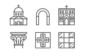 Obraz premium Architectural Icons Line Art. Line style icons of Architectural Influences: domed basilica, rounded arch, iconostasis screen,