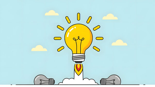 Modern business concept illustration of a glowing lightbulb rocket launching into the sky symbolizing creative ideas innovation technology success and startup growth strategy - Powered by Adobe