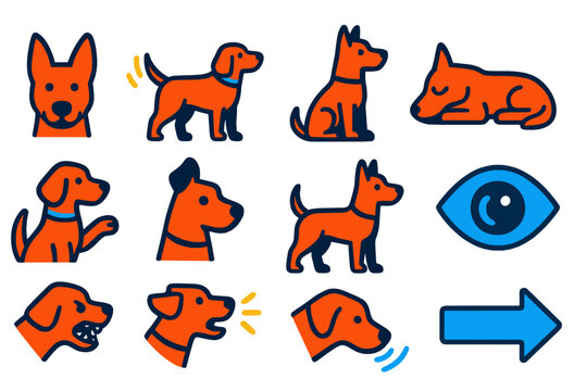 Canine Body Language Icons. Flat vector icons of canine body language and cues: ear perk, tail wag, sitting posture, lying down,