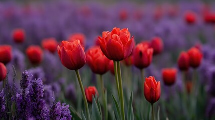 Bright red tulips grow tall among a sea of purple flowers in a garden scene. The flowers bloom in spring showcasing their colors in the daylight. Bees buzz around freely as they pollinate.