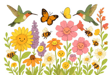 Pollinator Meadow Harmony. Pollinator meadow with bees, butterflies, and hummingbirds working together among smiling blossoms No