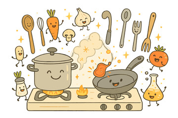 Dancing Kitchen Doodles. Whimsical doodle kitchen lab with smiling pots and pans, cartoon ingredients dancing, tiny sparks