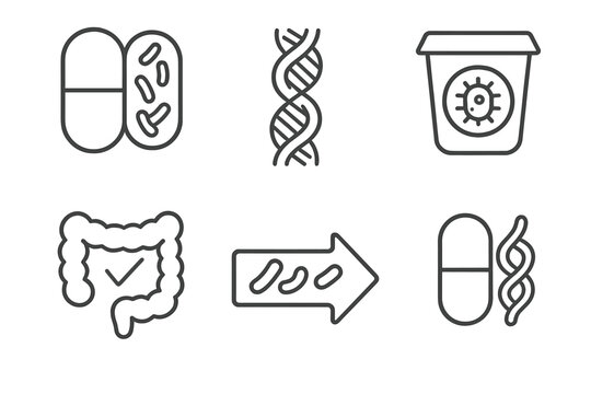 Probiotics and Prebiotics Icons. Line style icons of Probiotics and Prebiotics: capsule with bacteria, dietary fiber strand,
