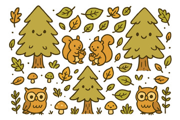 Whimsical Forest Friends. Cute doodle forest with happy trees, tiny mushrooms with faces, squirrels holding acorns, owls with wide