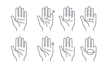 Fototapeta premium Mystic Palm Reading Icons. Line style icons of Mystic Hand Reading: Palm Lines, Life Line, Mounts, Future Prediction; Heart Line,